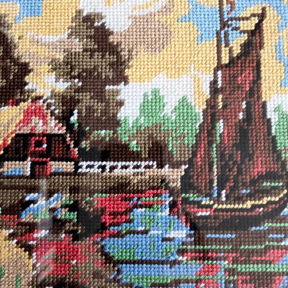 Set of 2 large vintage framed needlepoint cross stitch pictures. - Picture 4 of 6